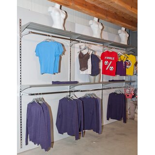 Rear wall system 3.70 m (4 rails + 6 shelves + 6 clothing frames)