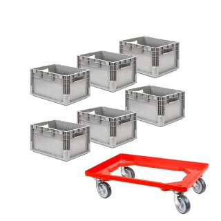 Set of 10 EuroBox ELB 4220 40x30x22 cm gray incl. transport roller 600x400 mm